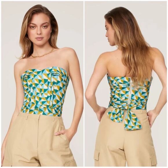 Marissa Webb Collective Blue & Green Geometric Tie Waist Strapless Top - Picture 2 of 6